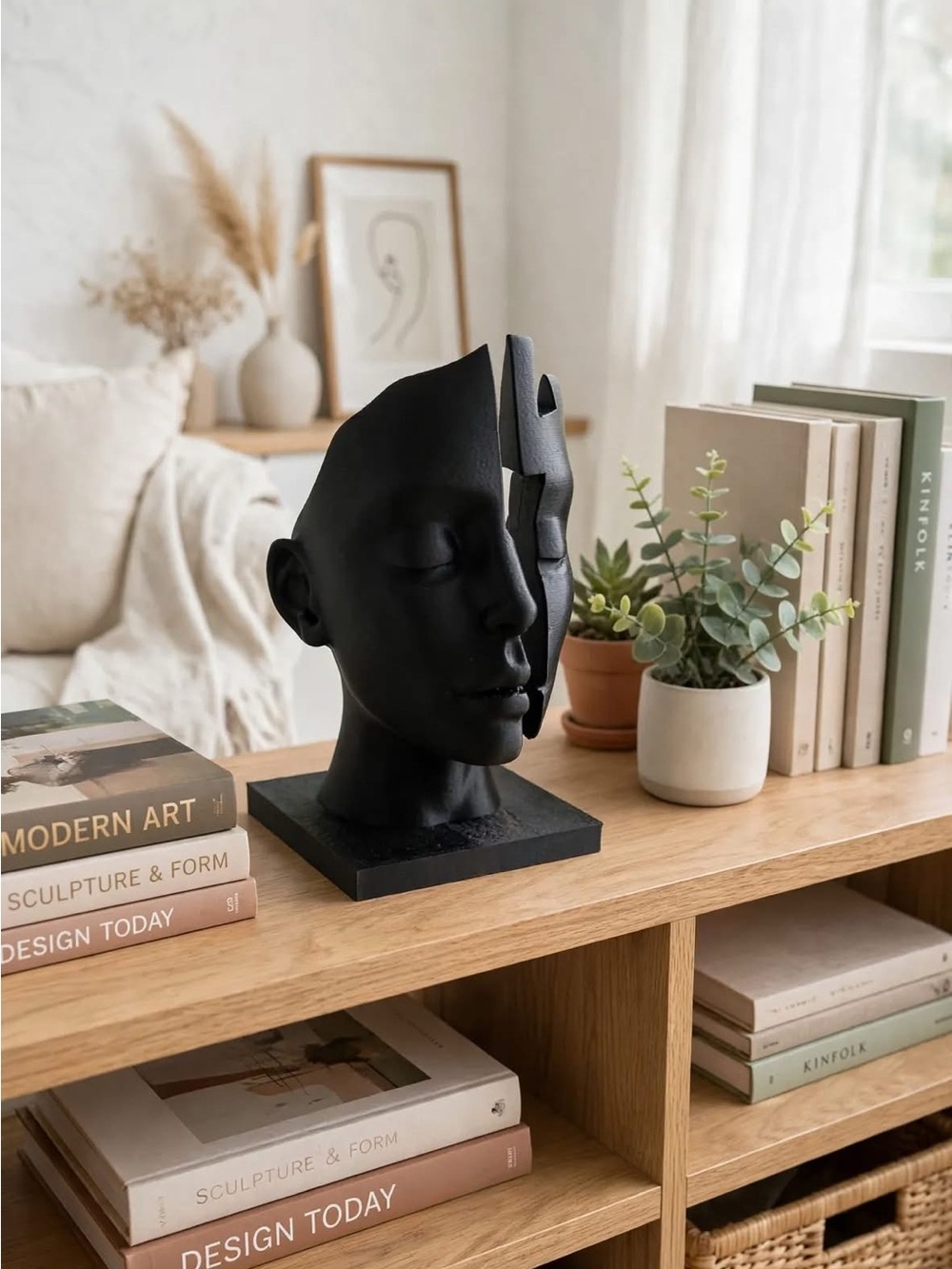 Contemporary Black Split Face Sculpture – Modern Home Art Accent